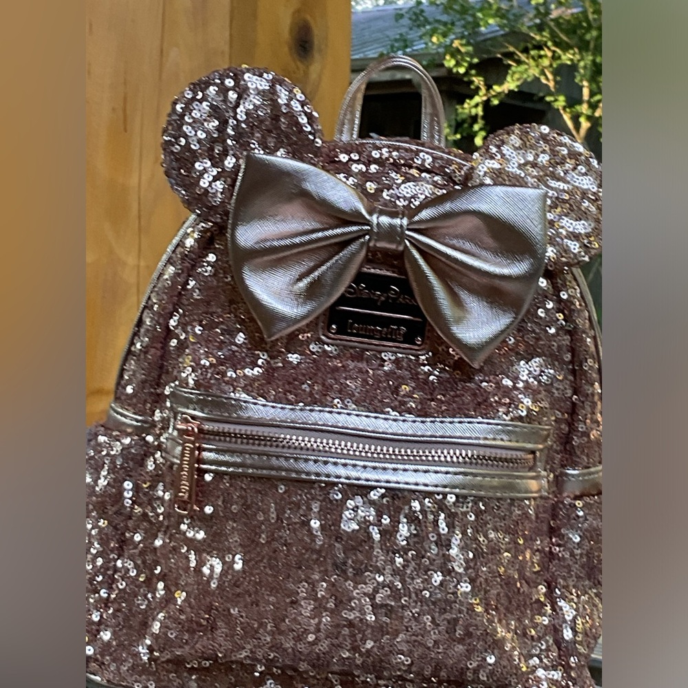 Loungefly Rose Gold Sequin Minnie Mini Backpack with Metallic Bow